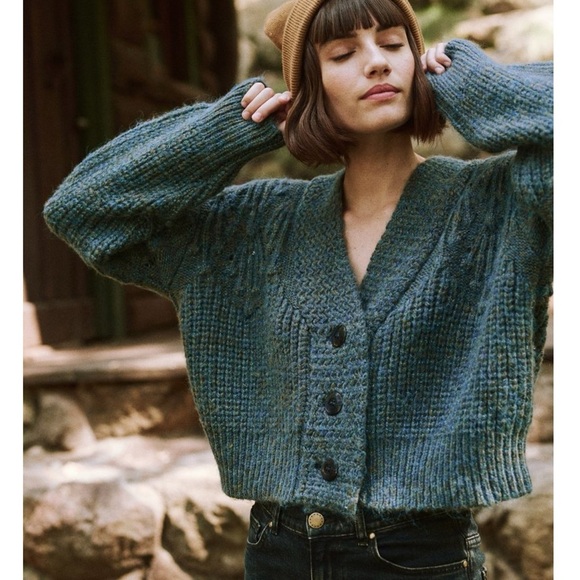 The GREAT. The Frond Montana Cardigan Green Pine Needle Shimmer oversized Sz S - Picture 3 of 15